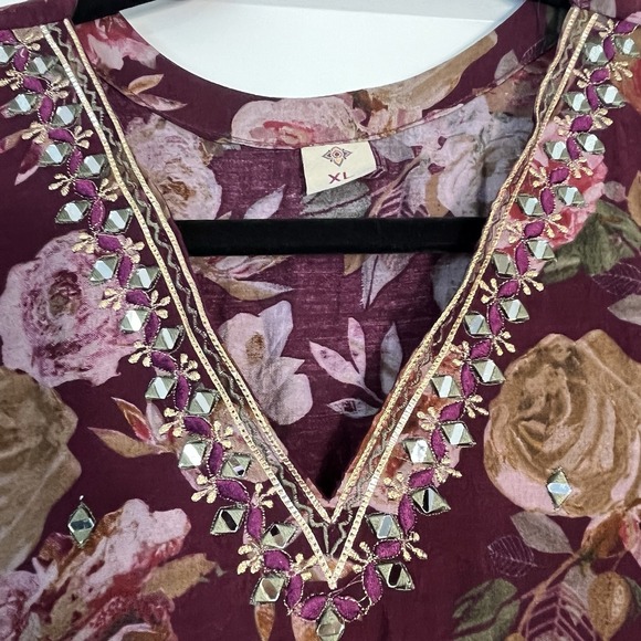 Indian‎ Burgundy Floral Dress Tunic Women's XL Embellished V-neck Party Festival - Picture 6 of 14